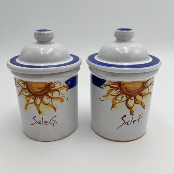 Vtg 2 Hand Painted Ceramic Lidded Salt Wells Cellars Italy Sale G/F Sun Signed - Picture 1 of 8